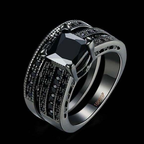 Black Grey CZ Diamond Engagement Bridal Wedding Band - Picture 2 of 8